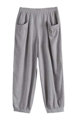 Minibee Women's Cotton Linen Tapered Crop Pants Elastic Waist