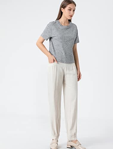 Minibee Women's Cotton Linen Tapered Crop Pants Elastic Waist
