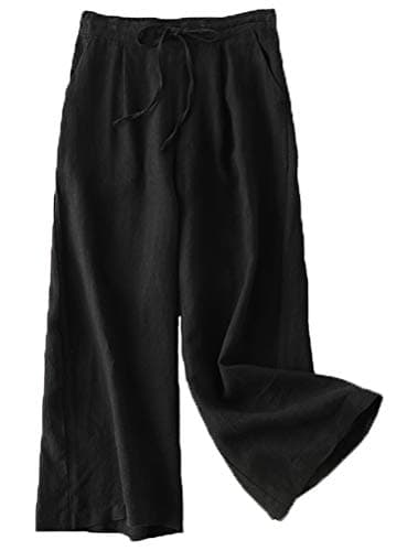 FTCayanz Women's Linen Cropped Wide Leg Pocket Pants Elastic Waist CasualPalazzo