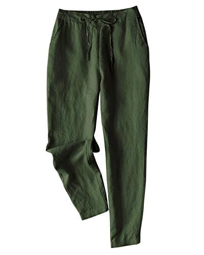 IXIMO Women's 100% Linen Tapered Pants with Drawstring Back Elastic Waist