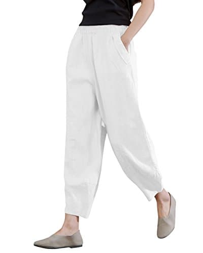IXIMO Women's Comfortable Linen Crop Tapered Pants with Elastic Waist