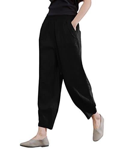 IXIMO Women's Comfortable Linen Crop Tapered Pants with Elastic Waist