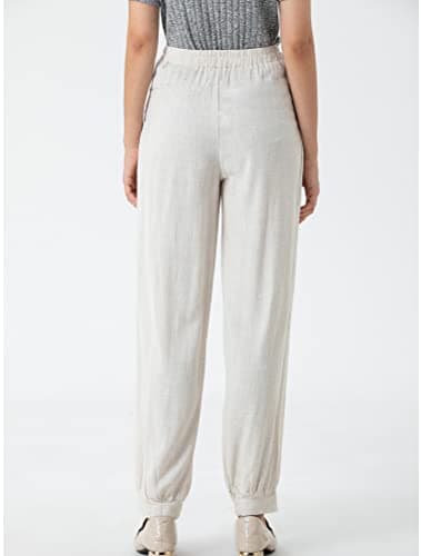 Minibee Women's Cotton Linen Tapered Crop Pants Elastic Waist