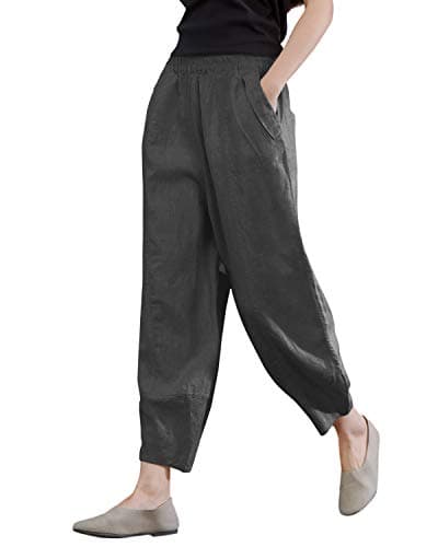 IXIMO Women's Comfortable Linen Crop Tapered Pants with Elastic Waist