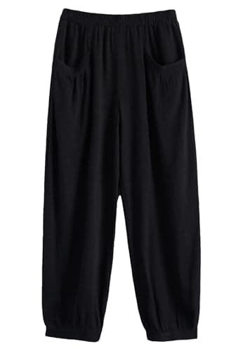 Minibee Women's Cotton Linen Tapered Crop Pants Elastic Waist