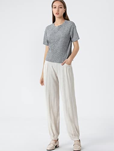 Minibee Women's Cotton Linen Tapered Crop Pants Elastic Waist