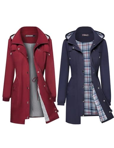 Premium Red Striped Rain Jacket with Navy Blue Plaid Lining (L)