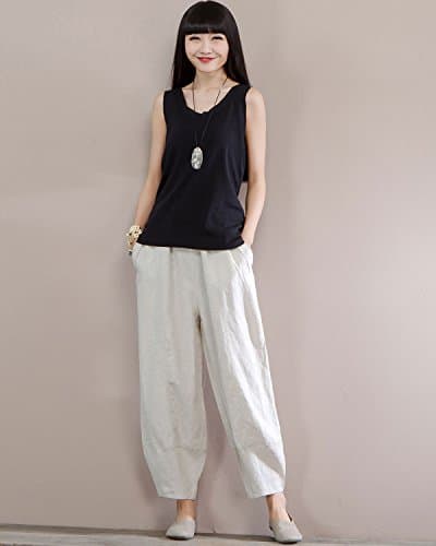 IXIMO Women's Comfortable Linen Crop Tapered Pants with Elastic Waist
