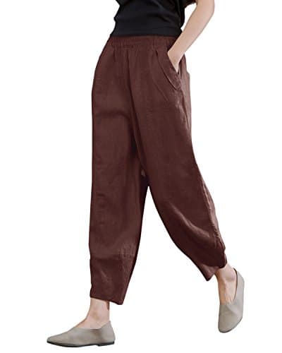 IXIMO Women's Comfortable Linen Crop Tapered Pants with Elastic Waist