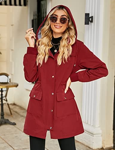 Premium Red Striped Rain Jacket with Navy Blue Plaid Lining (L)