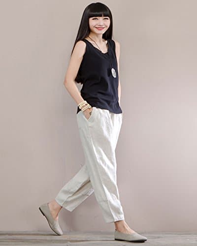 IXIMO Women's Comfortable Linen Crop Tapered Pants with Elastic Waist