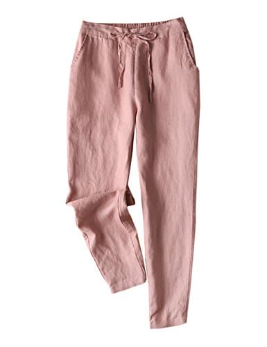 IXIMO Women's 100% Linen Tapered Pants with Drawstring Back Elastic Waist