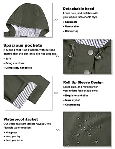 Women's Waterproof Lightweight Rain Jacket with Hood in Army Green