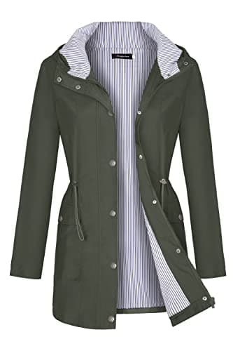 Women's Waterproof Lightweight Rain Jacket with Hood in Army Green