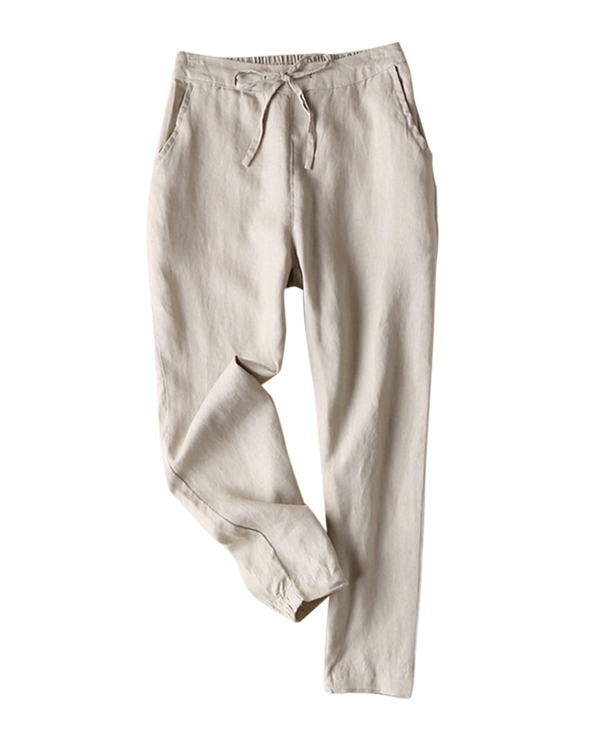 IXIMO Women's 100% Linen Tapered Pants with Drawstring Back Elastic Waist