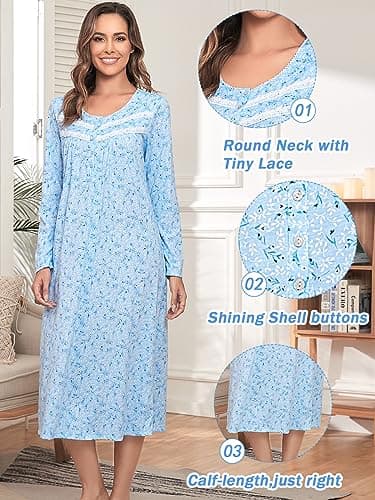 JRYNOEU Soft Long Sleeve Cotton Nightgowns for Women