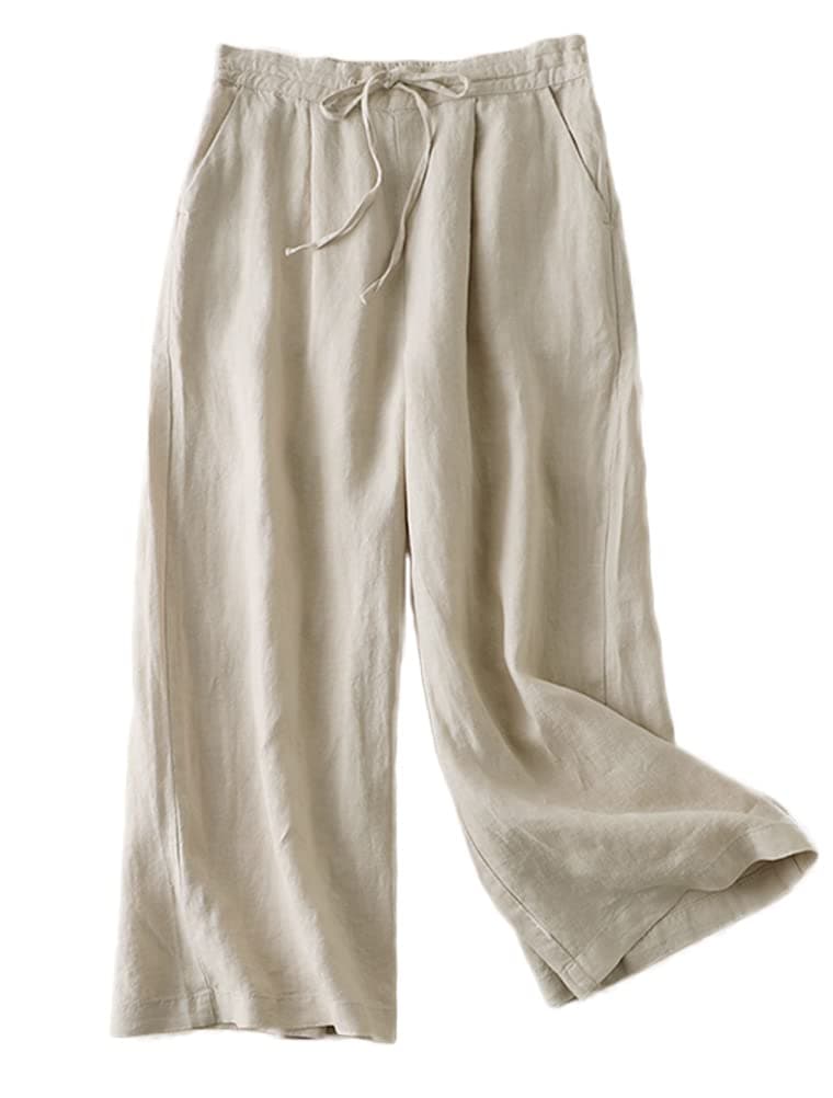 FTCayanz Women's Linen Cropped Wide Leg Pocket Pants Elastic Waist CasualPalazzo