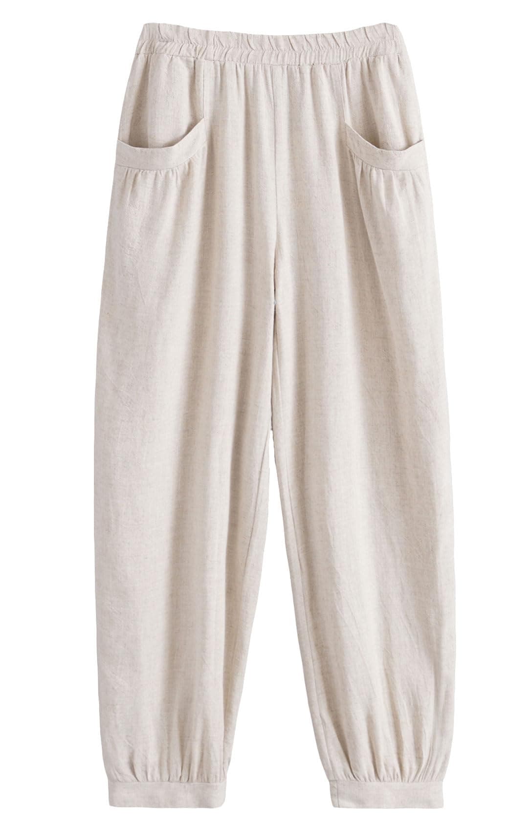 Minibee Women's Cotton Linen Tapered Crop Pants Elastic Waist