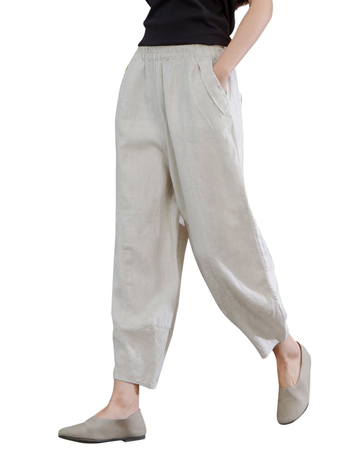 IXIMO Women's Comfortable Linen Crop Tapered Pants with Elastic Waist