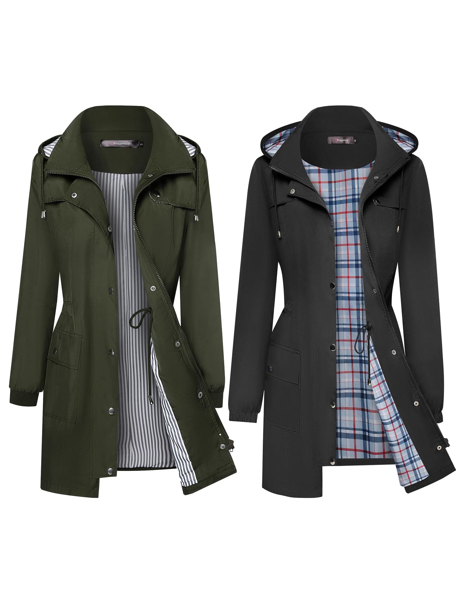 Bloggerlove Army Green Striped Rain Jacket with Black Plaid Lining (XL Bundle)