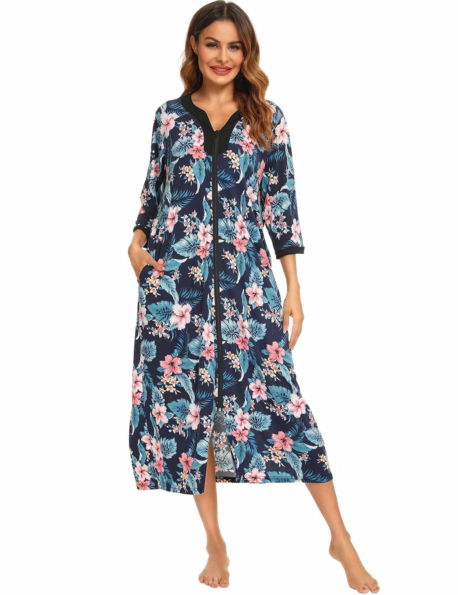 Bloggerlove Womens Long Zip Up House Coat Sleepwear